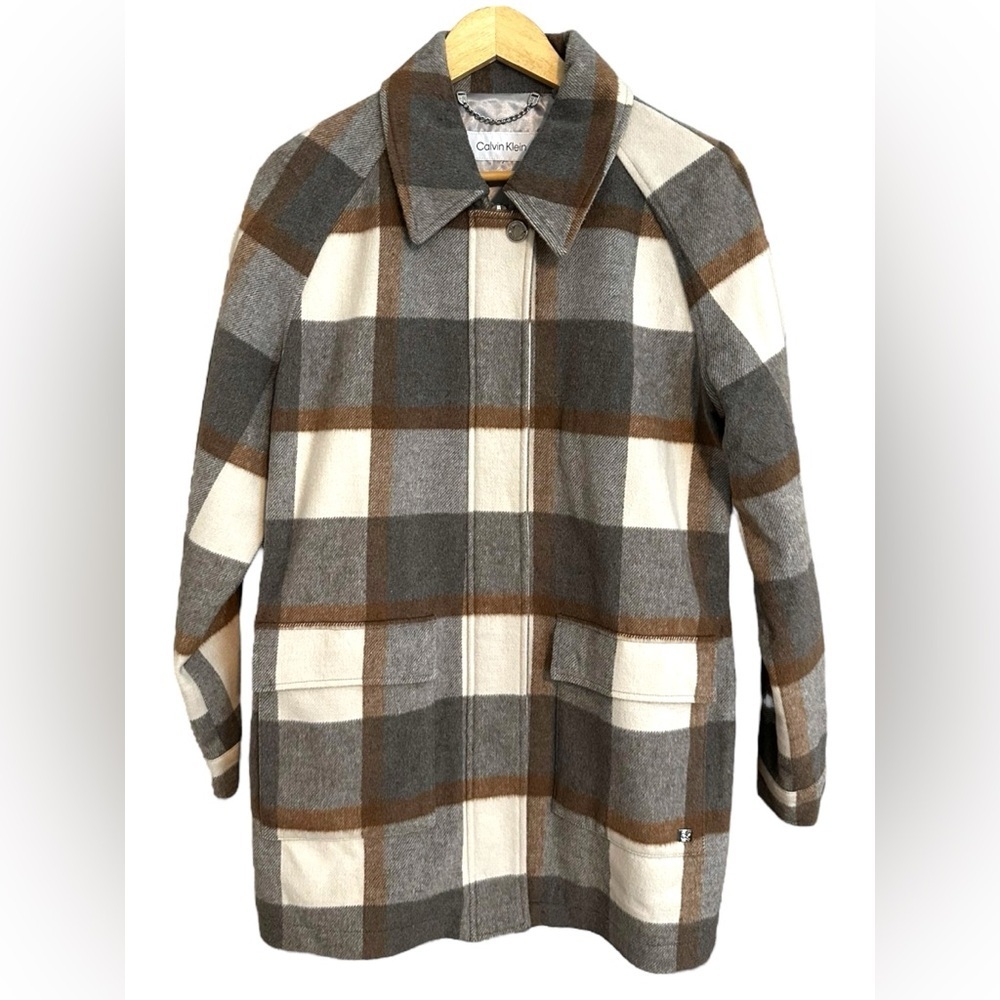 🔆 Calvin Klein Plaid Gray and Cream Trench Coat with Belt - Medium NWOT - Picture 2 of 16